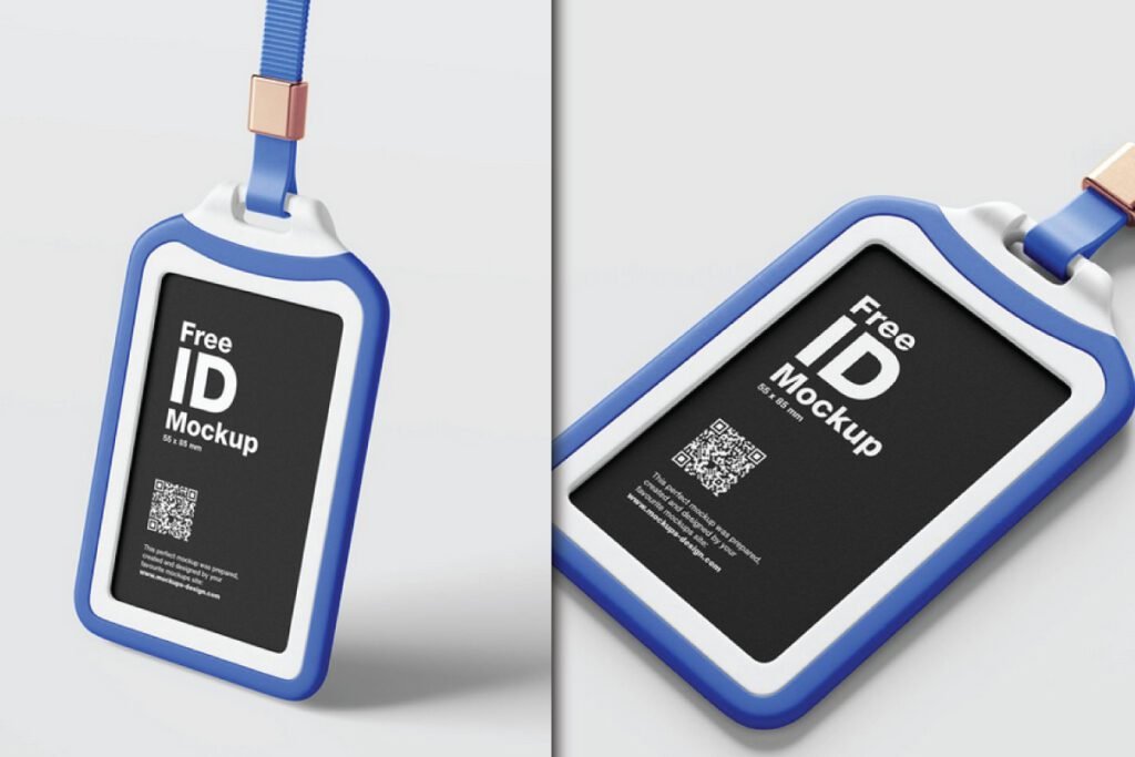 Professional ID Card Mockup PSD with blue holder and lanyard, shown from two angles.