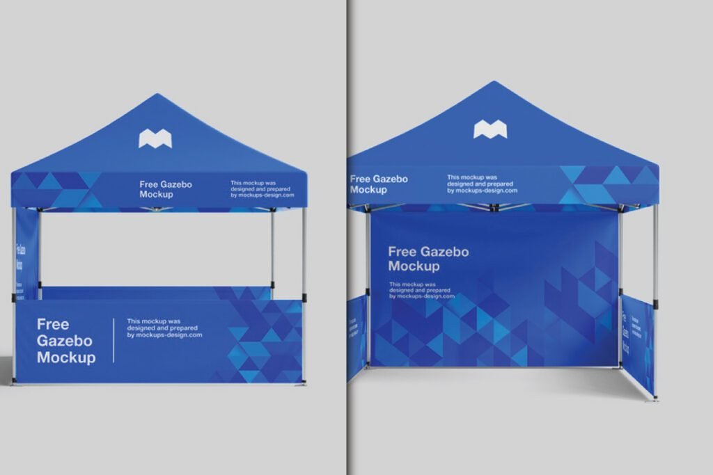 Outdoor Promotional Gazebo Mockup PSD showing front and side views in blue.