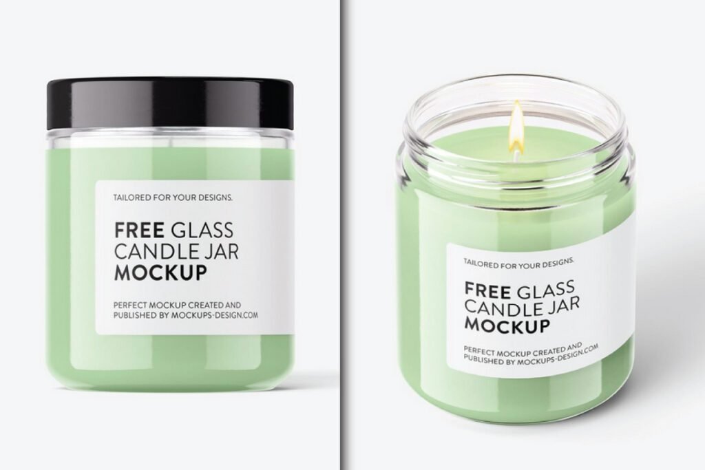 Scented Candle Glass Jar Mockup PSD: Two green candle jars, one with a black lid and one lit.
