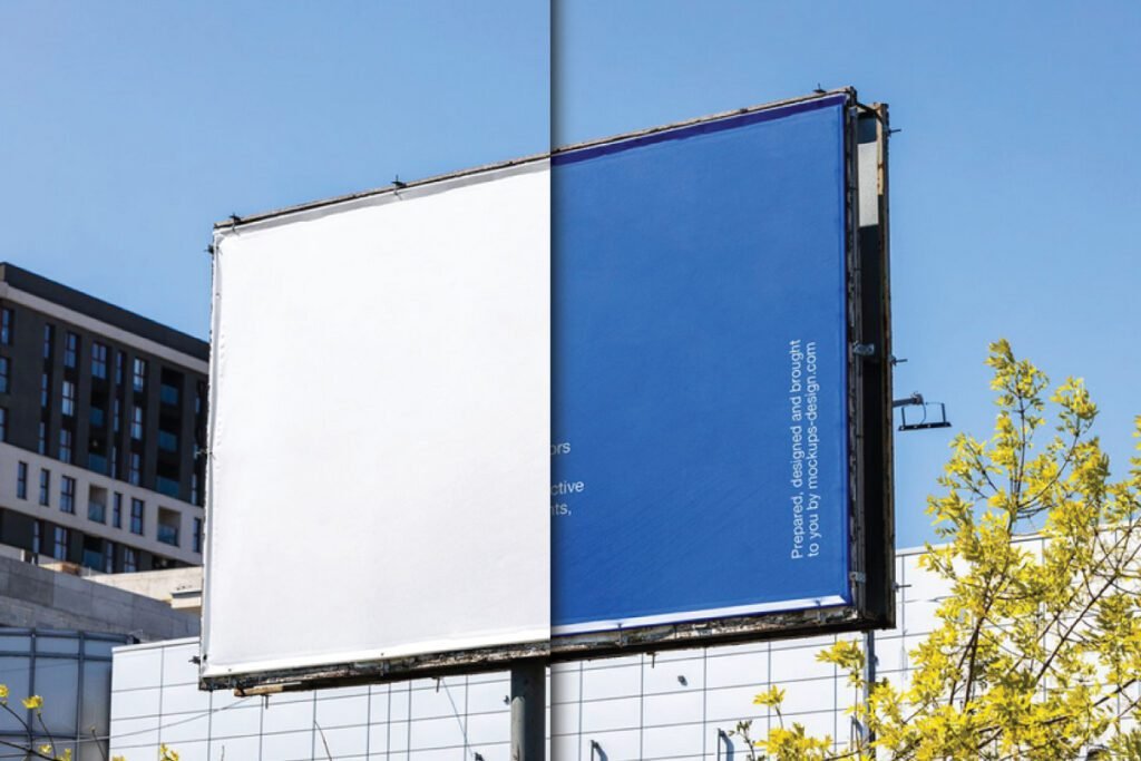 City Roadside Billboard Mockup PSD: A large outdoor billboard, half white and half blue, under a clear sky.
