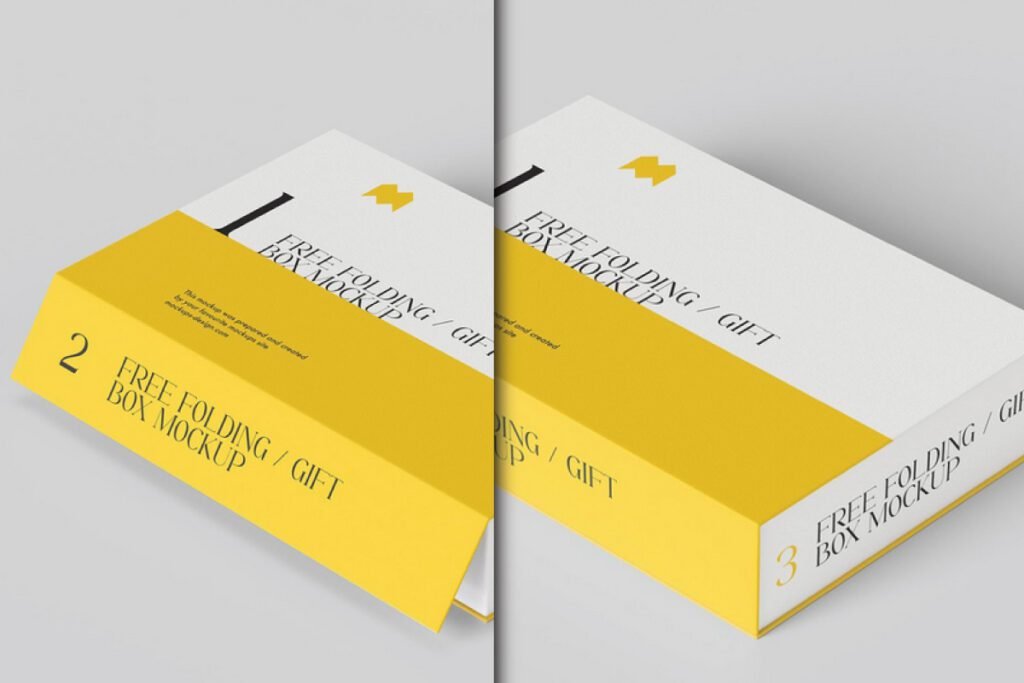 Realistic Rectangular Carton Folding Box Mockup PSD showing two angled views of a modern yellow and white box.