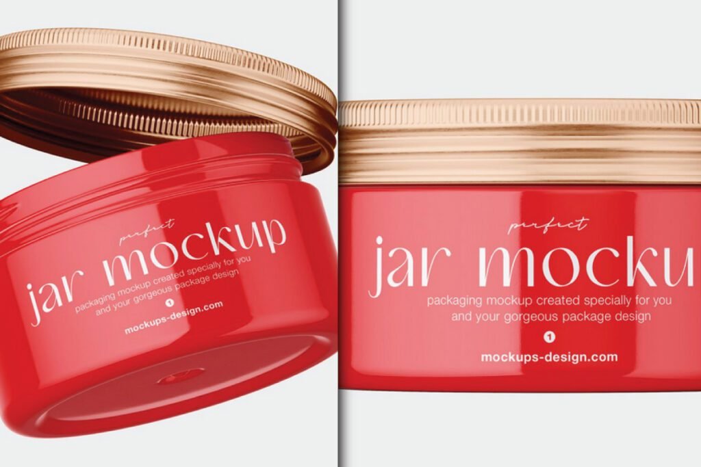 Cosmetic Cream Jar Mockup with Metallic Lid: Two red jars, one open with a gold lid, the other closed.