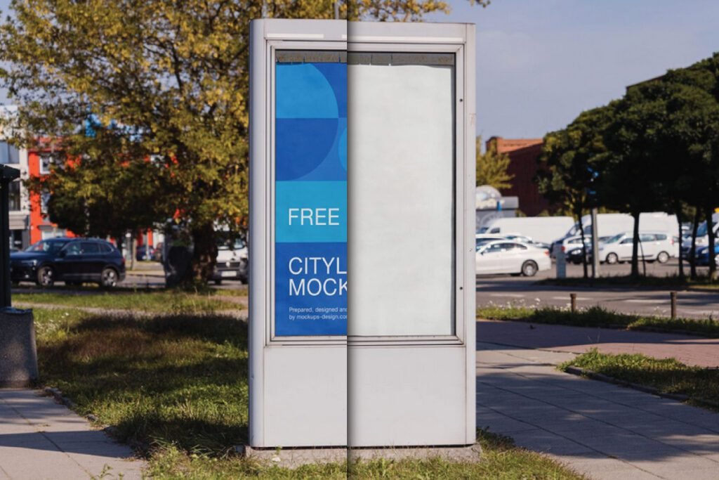Citylight Poster Mockup in Parking Lot PSD: A street-side advertising display, half blue design and half blank, next to a parking area.