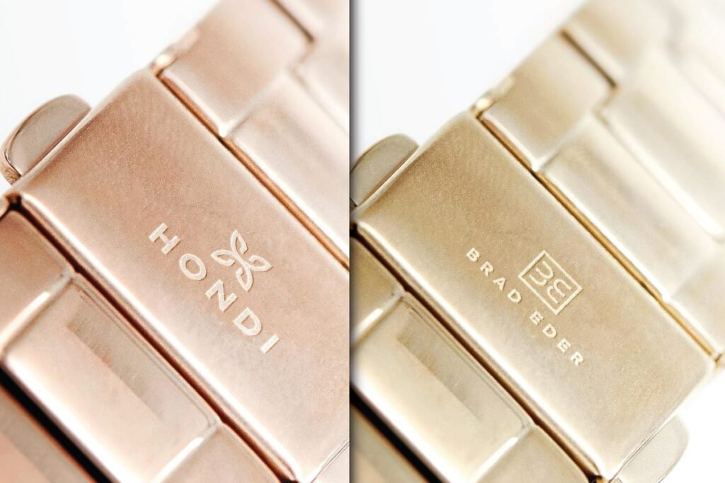 A close-up diptych showcasing two watch clasps, serving as a Watch Logo Mockup.