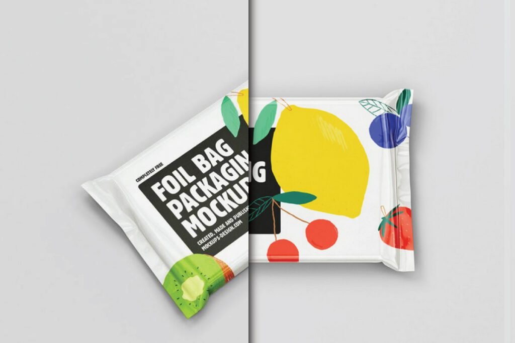 Two realistic candy bar mockup PSDs, one with a white and black Foil Bag Packaging Mockup design, and the other with a colorful fruit illustration of lemons, cherries, blueberries, and kiwi.
