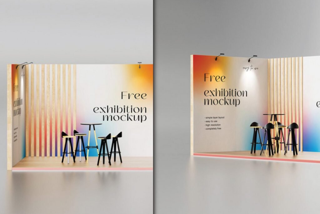Two trade show exhibition stand mockup PSDs featuring a modern booth design. Both mockups showcase a customizable backdrop with a colorful gradient, vertical wooden slats, spotlights, and a seating area with a small round table and three bar stools.