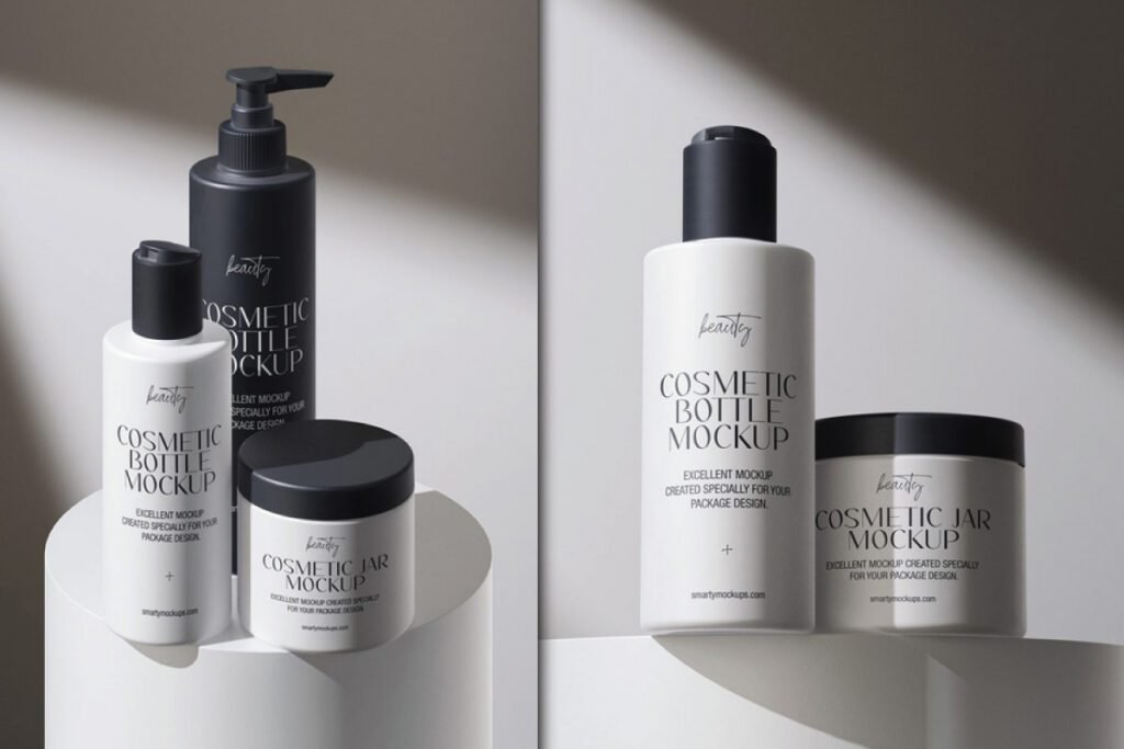 Two arrangements of cosmetic bottle and jar set mockup PSD, featuring black pump bottles, white flip-top bottles, and white jars with black lids. Each mockup displays text that reads Beauty Cosmetic Bottle Mockup and Cosmetic Jar Mockup.
