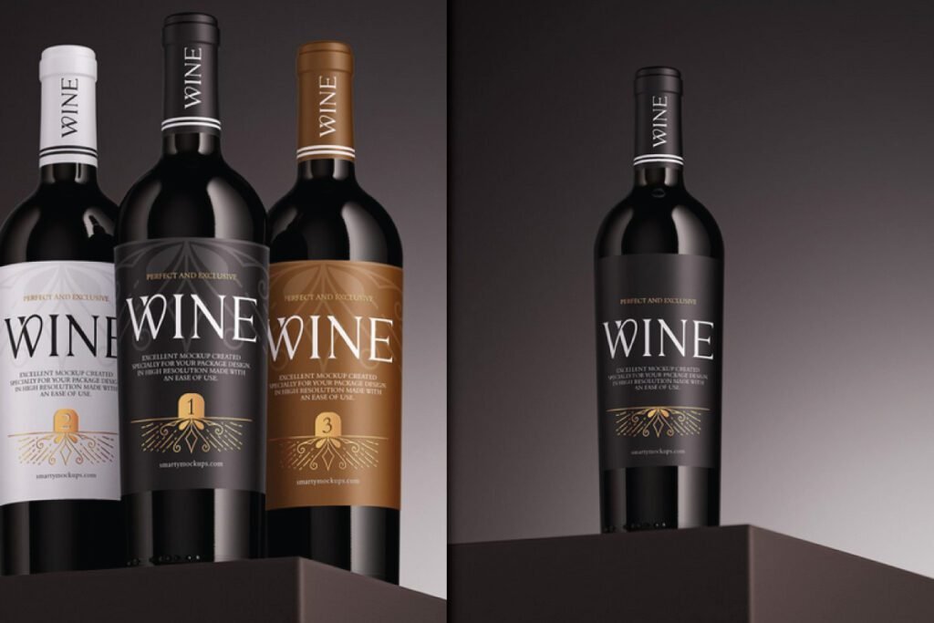 Four photorealistic wine bottle label mockup PSDs, featuring black bottles with various label designs in white, black with gold, and brown with gold, all prominently displaying the word WINE.