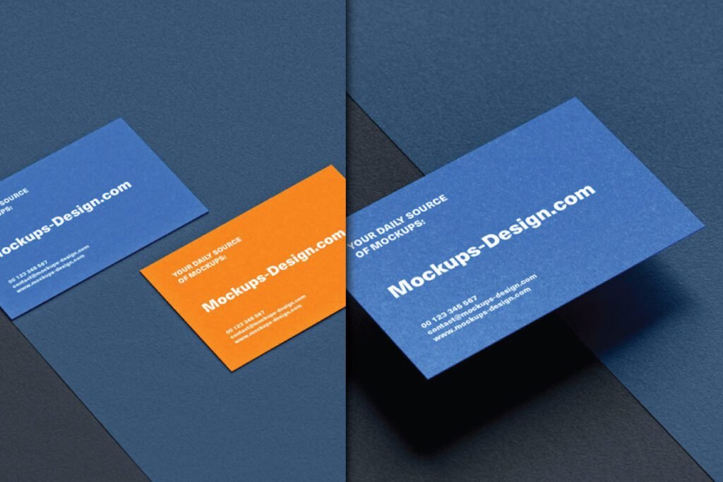 Two realistic horizontal business card mockup PSDs on textured paper. The left side shows a blue and an orange business card, both displaying Mockups-Design.com and contact information. The right side shows a single blue business card with the same details, angled to create a shadow.