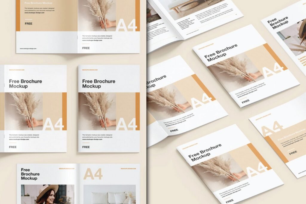 A dynamic grid ofA4 Brochure Perspective Grid Mockup PSD. The left side shows two closed brochures with Free Brochure Mockup and a design featuring pampas grass and A4. The right side shows a scattered arrangement of open and closed brochures with similar designs and images of a woman and a sofa.