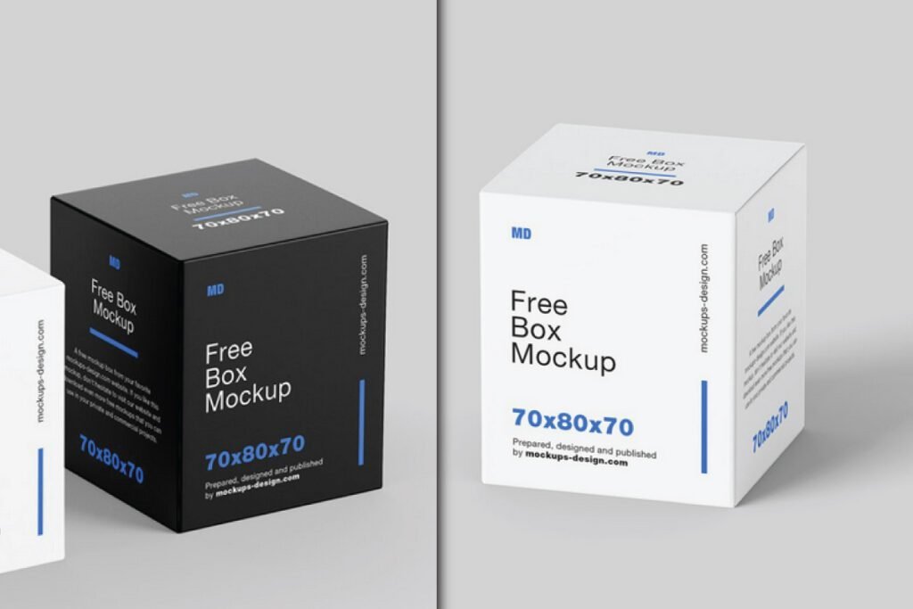 Two cube box packaging mockup PSDs, one black and one white, both displaying Free Box Mockup, MD logo, and dimensions 70x80x70 in blue text.
