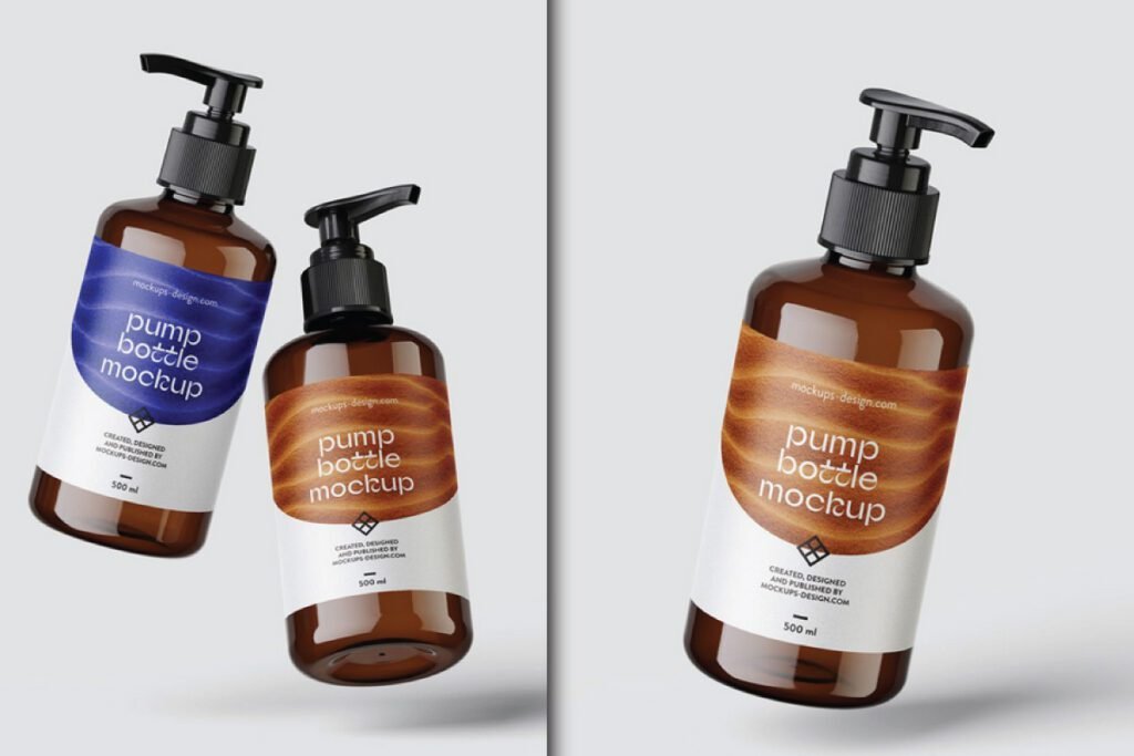 Liquid Soap Amber Pump Bottle Label Mockup PSD with three amber bottles featuring black pumps; one has a blue wavy label, and two have brown wavy labels.