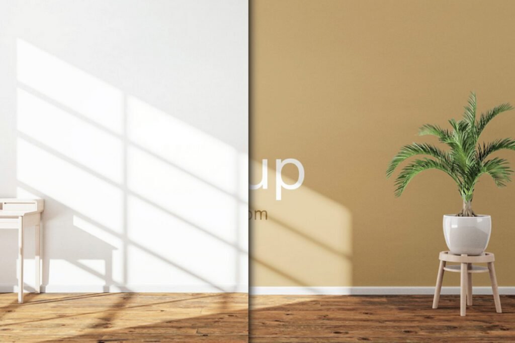 Interior Room Wall Mockup PSD for Artwork, showing a split wall with sunlight shadows on the left white section and a potted plant on the right beige section, over a wooden floor.