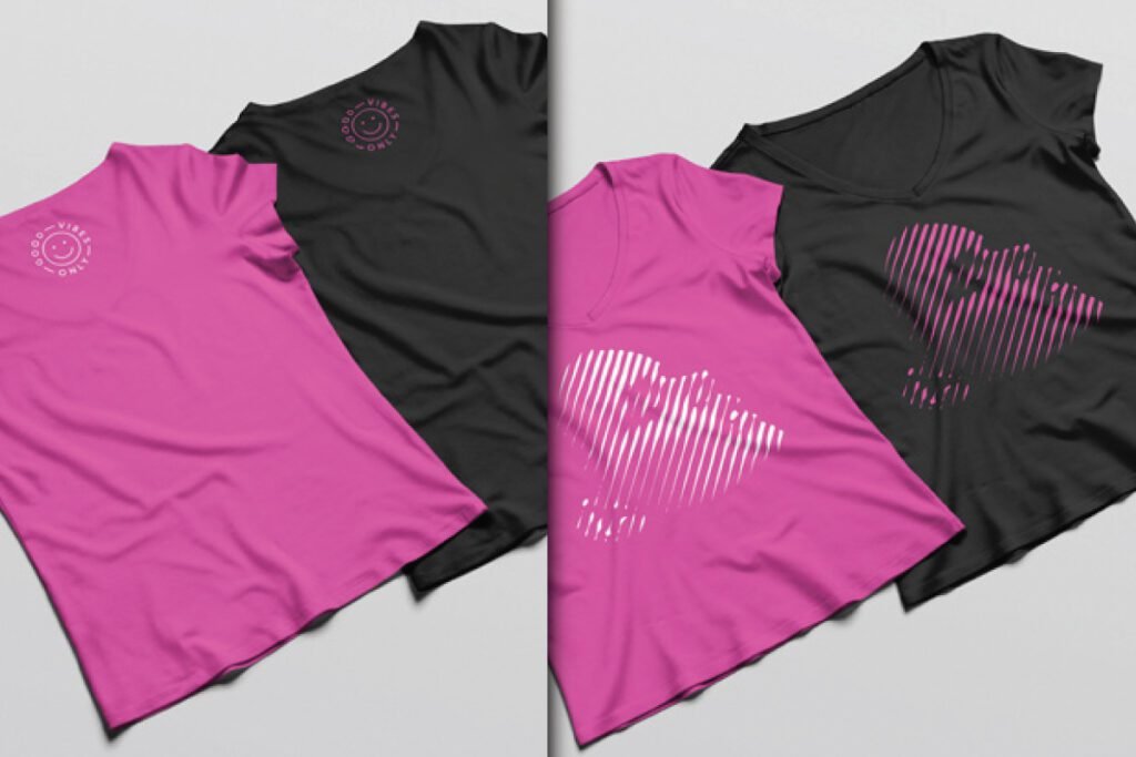 Short Sleeve Woman T-Shirt Mockup featuring two sets of pink and black v-neck t-shirts; one set shows back designs, and the other set shows front designs with abstract hearts.