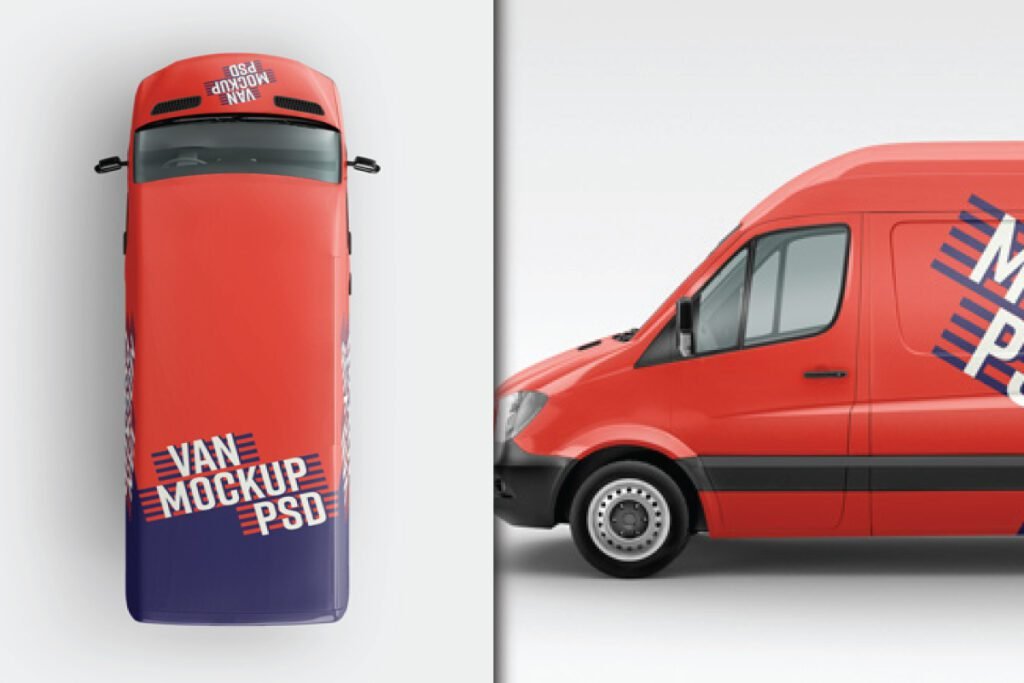 Multiple Angle Van Wrap Mockup PSD displays a red van with blue and red graphic text on the top and side.
