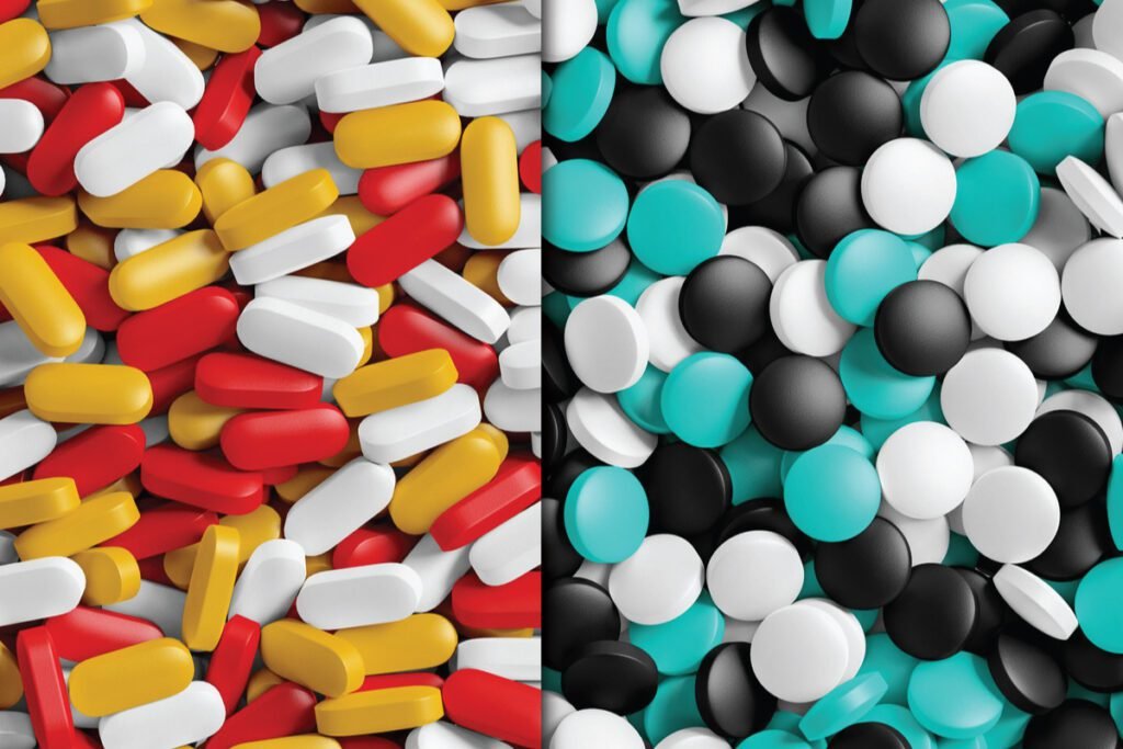A pharmaceutical capsule and tablet mockup shows two columns of different pills. The left has a mix of red, white, and yellow elongated capsules. The right has a mix of black, white, and light blue round tablets.