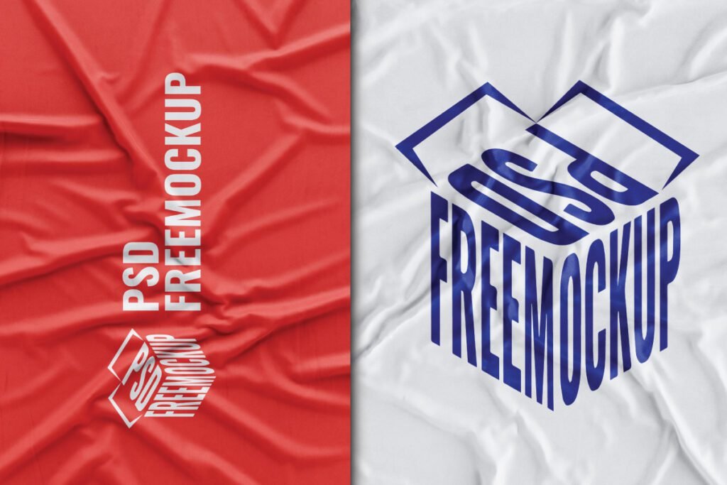 A wrinkled fabric texture mockup PSD displays a red and a white crumpled fabric, each with a blue and red PSD FREEMOCKUP box logo and text.