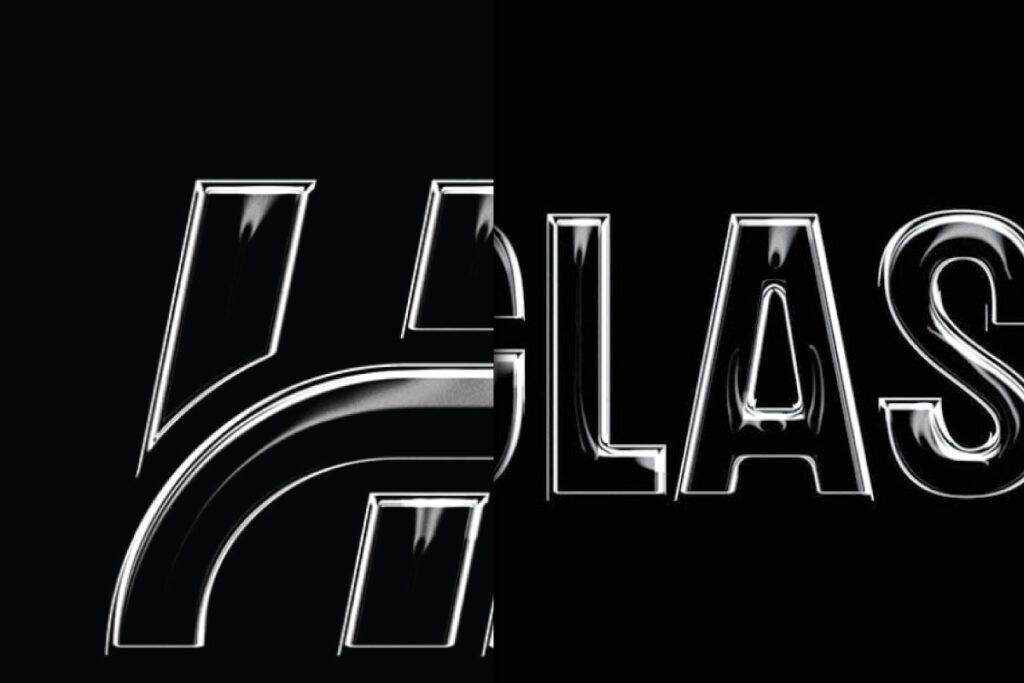 A close-up view of the letters "GLAS" rendered with a shiny, reflective glass effect against a dark black background, showcasing a Realistic Glass Logo Mockup. The letters appear to have a three-dimensional, curved surface.