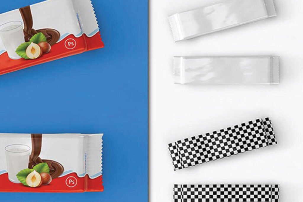 A top-down view of a Biscuit Packet Mockup, showing two red and white branded packets on a blue background, and two plain white wrappers along with two checkered wrappers on a white background.