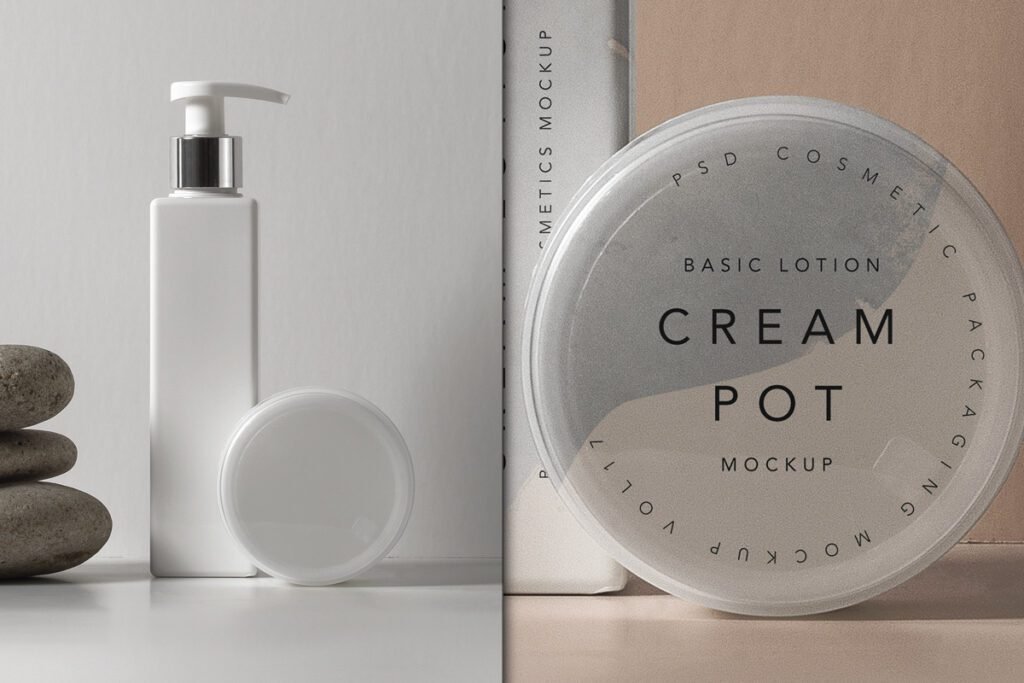 A close-up mockup featuring a white rectangular cream lotion bottle with a pump and a clear round cream pot, set against a split background.