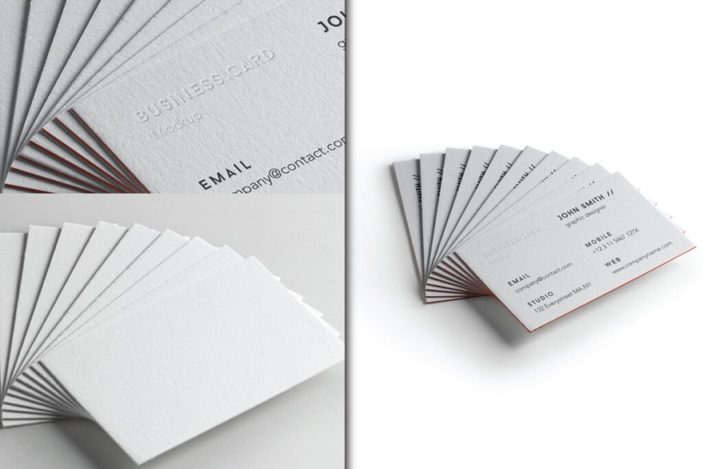 A collage of views showing fanned white business cards with red edges, some displaying "BUSINESS CARD Mockup" and contact details, presented as a Single Side Business Card Mockup PSD.