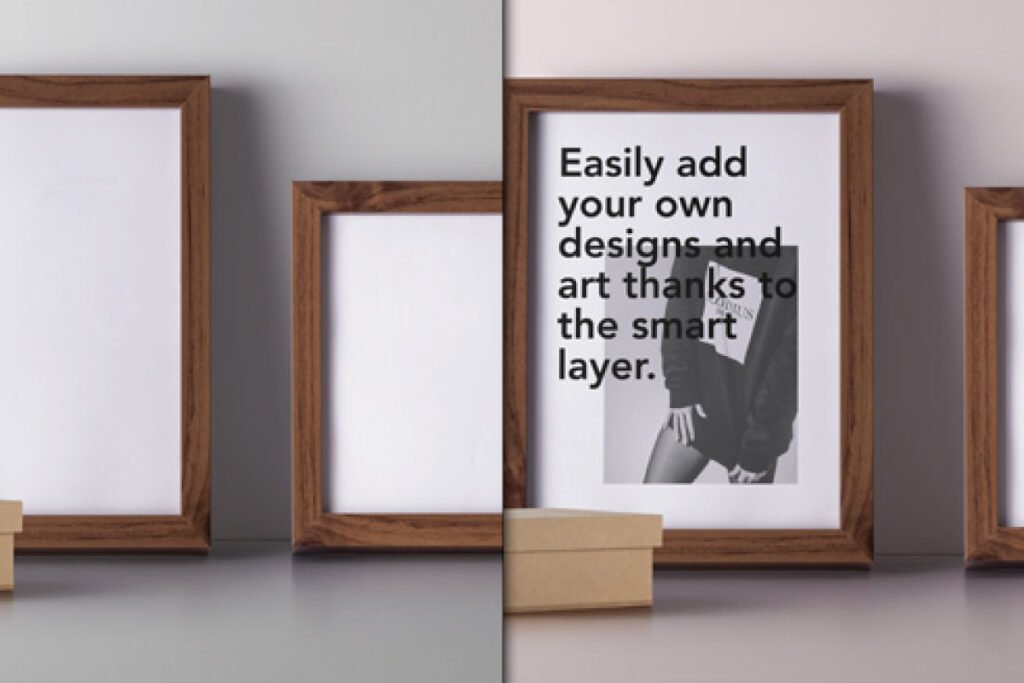 A row of four wooden frames, some with placeholder content and text about smart layers, suitable for a Wood Frame Mockup PSD.