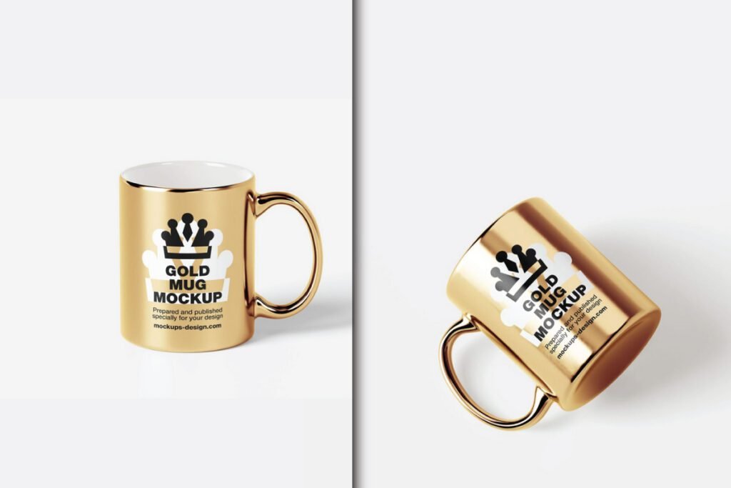 Two gold mugs with "Gold Mug Mockup" branding, one upright and one tilted, showcasing a Gold Mug Mockup PSD.