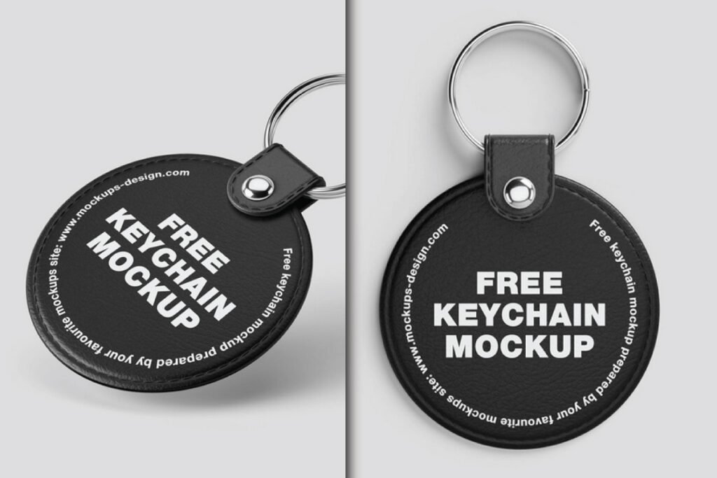 Two black round leather keychain mockup PSDs, one angled to the left and one flat facing forward.