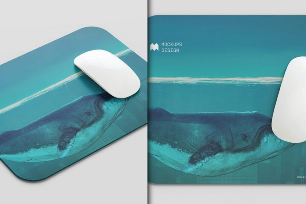 Two rounded rectangular mouse pad mockup PSDs, each featuring an underwater whale design, with a white mouse on one.