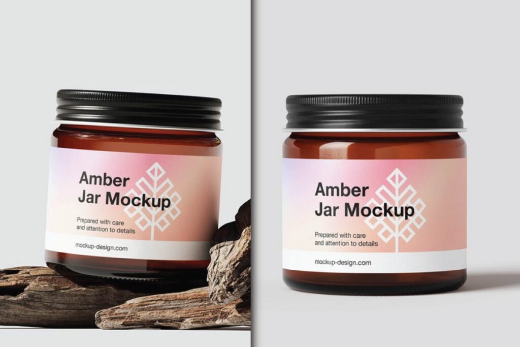 Two amber jar mockups for skincare products, one resting on wood.
