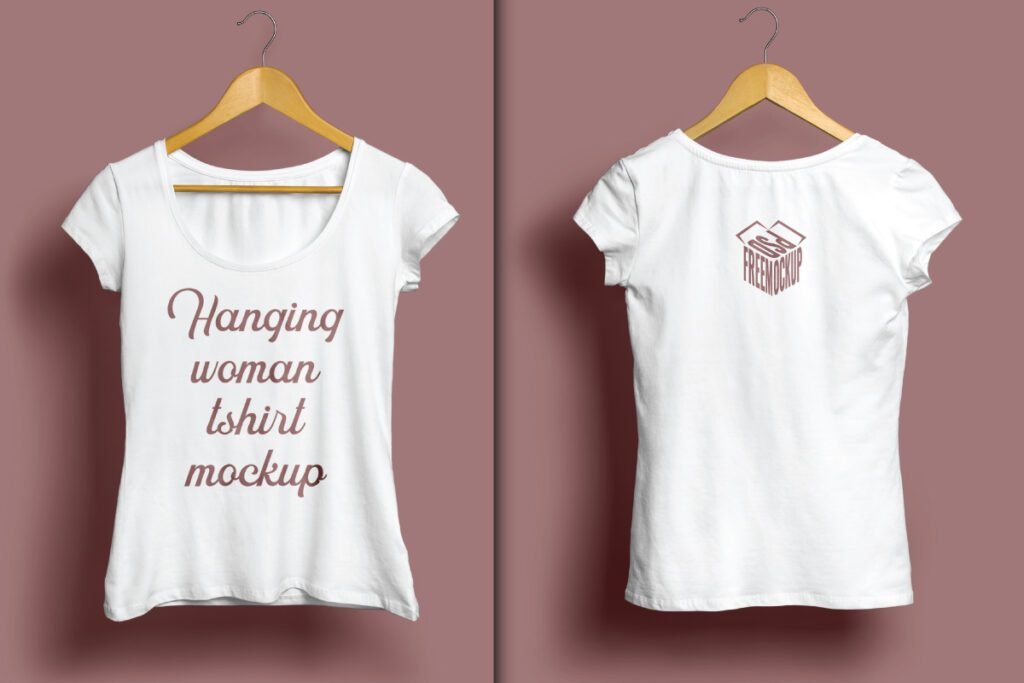 Hanging Women’s T-Shirt Mockup PSD displays a white women's t-shirt on a wooden hanger, with a red Hanging woman tshirt mockup text on the front and a brown PSD FREEMOCKUP box logo on the back.