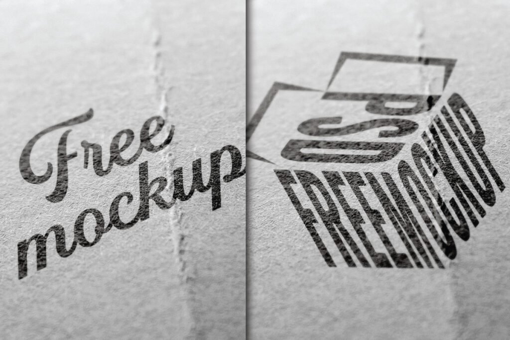 Paper Edition Logo Mockup PSD featuring two textured paper surfaces with embossed designs. The left shows a Free mockup text, while the right displays a PSD FREEMOCKUP box logo, both appearing as subtle indentations.