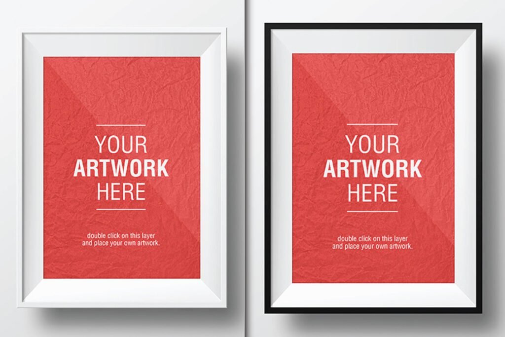 White and Black Artwork Frame Mockups PSD shows a white framed artwork with a red crumpled paper texture, featuring the text YOUR ARTWORK HERE, displayed next to a black framed artwork with the same design.