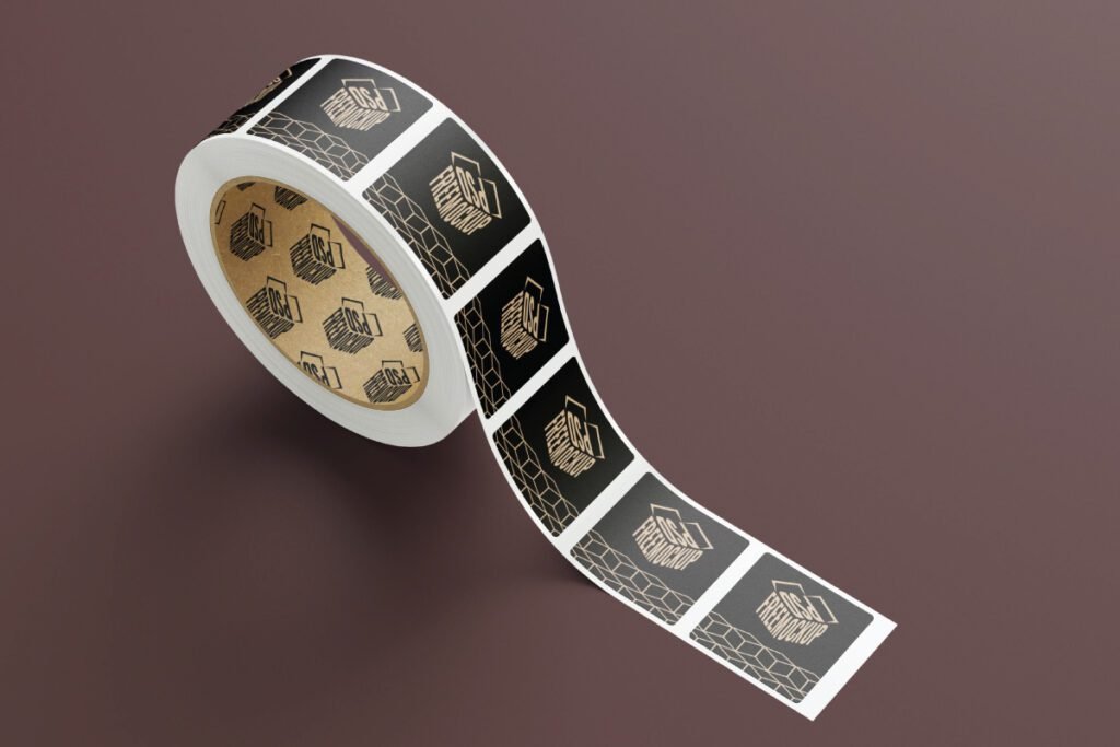 An angled view of a partially unrolled Sticker Roll Mockup PSD with black and gold cube designs on a dark brown surface.