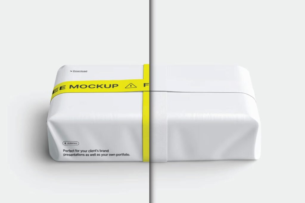 White Wrapped Packet Mockup with Yellow Band