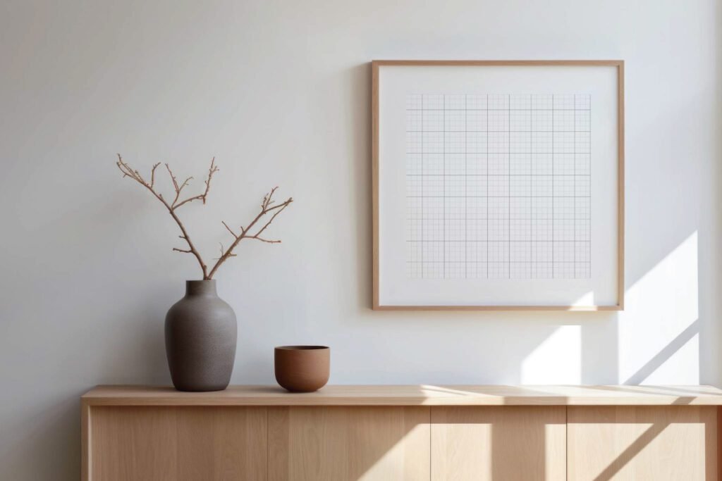 Wooden Frame Mockup with Grid on White Wall