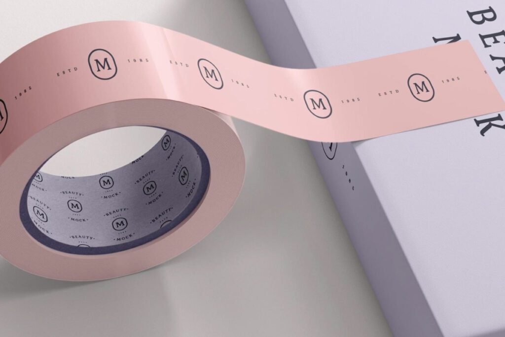 A roll of pink packaging tape mockup with a black "M" logo and "ESTD 1985" sits beside a light-colored box. The inside of the tape is purple with repeated "MOCK" and "BEAUTY" text.