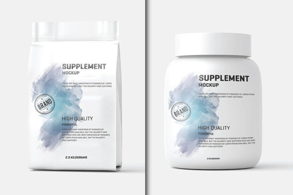 A white Jar Bottles and Pouch Mockup displayed side-by-side. Both feature a blue and grey watercolor-like design with "SUPPLEMENT MOCKUP" and "HIGH QUALITY" text.