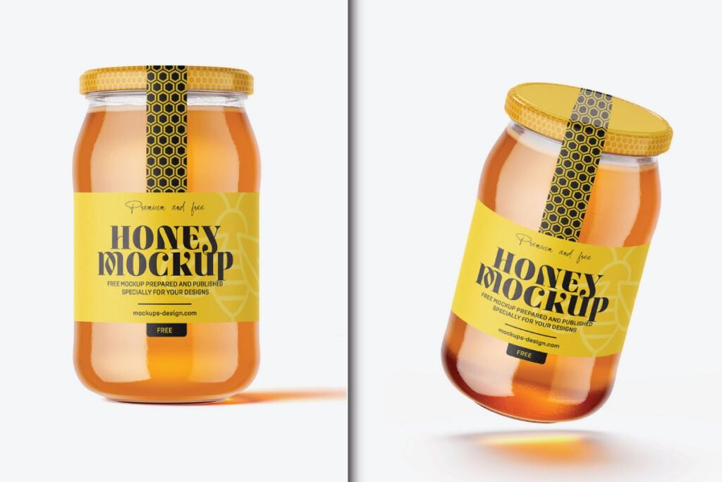 Two large honey jars with yellow labels and honeycomb seals, one upright and one tilted, showcasing a "Large honey jar mockup PSD."