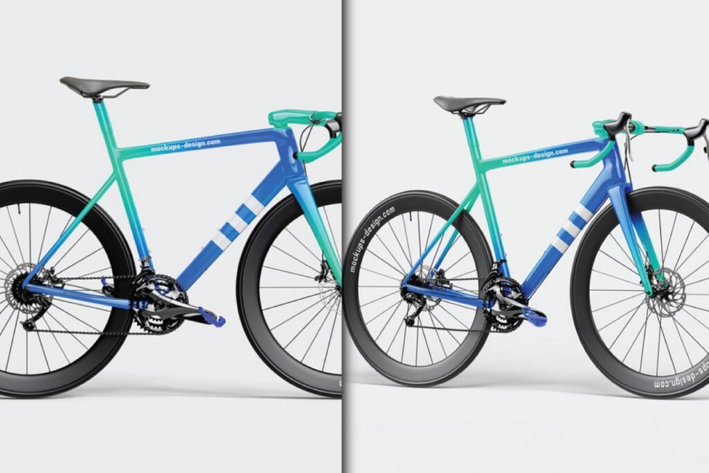 Two blue and turquoise road bicycles with black wheels, from a "bicycle mockup PSD."