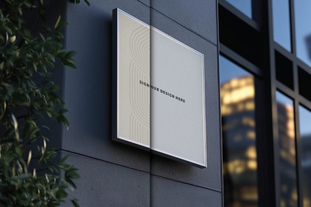 A square hotel signboard mockup mounted on a dark building wall, featuring a split design with a wavy pattern on the left and "YOUR DESIGN HERE" on the right. Nearby foliage and building reflections are visible.