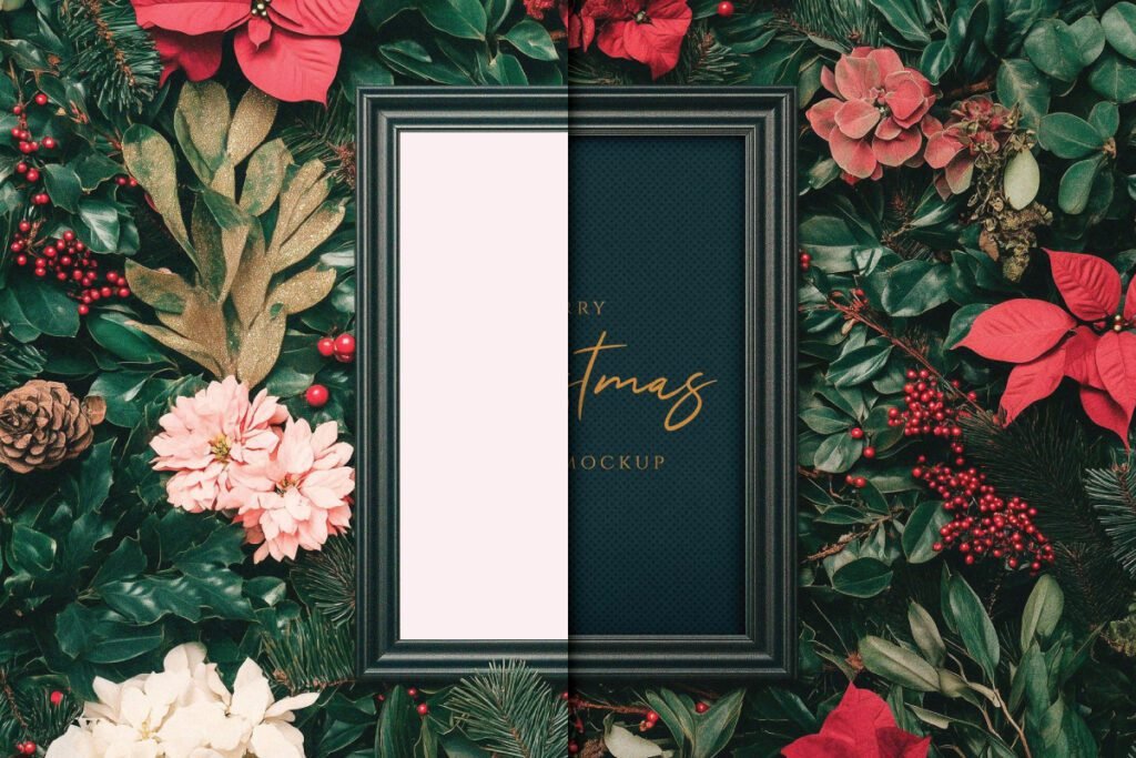A black framed rectangular Christmas mockup with a blank white left side and a dark green textured right side featuring "MERRY Christmas MOCKUP" in gold text. It is surrounded by lush green foliage red poinsettias pink and white flowers golden leaves pinecones and red berries.