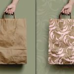 Best Zero Waste Eco Paper Bag Mockup PSD displays a hand holding a plain brown paper bag against a solid green background. On the right, another hand holds a brown paper bag with a light pink ornate pattern, set against a patterned green background.