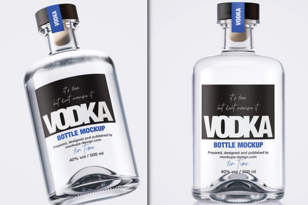 Two clear Vodka Glass Bottle MockupPSDs, one tilted and one upright. Both bottles feature a black label with VODKA, the phrase It's free but don't overuse it, Bottle Mockup, and details about volume and design. A blue strip with VODKA is on the neck of each bottle.