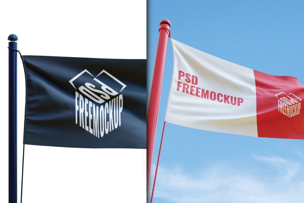 Flag with Sky Background Mockup PSD shows a black flag with a white PSD FREEMOCKUP box logo and a red and white flag with red PSD FREEMOCKUP text on a red background. The flags are on poles against a clear blue sky.