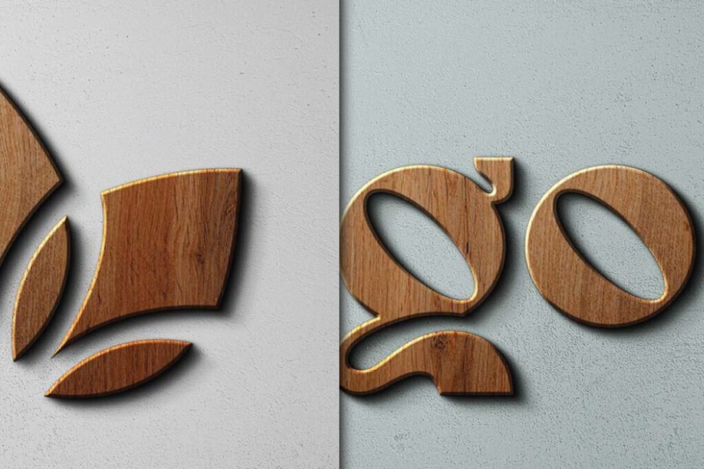 A close-up diptych showcasing carved wooden letters on a light gray, textured surface, serving as a Wooden Sign Logo Mockup. On the left are abstract wooden shapes, while the right displays the wooden letters "go" with visible wood grain and shadows.