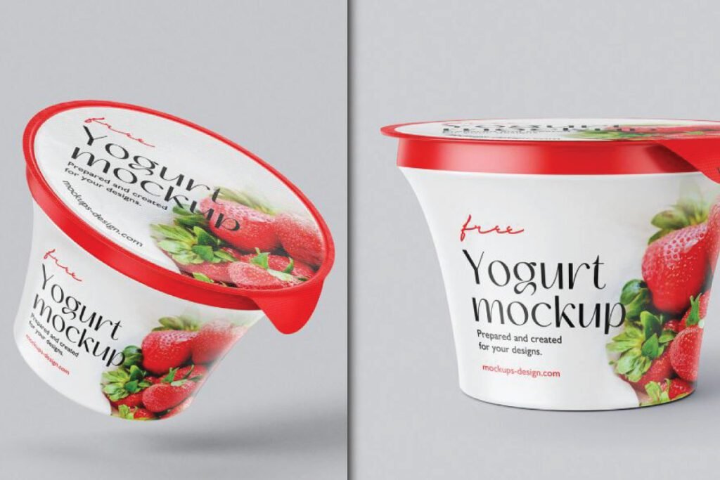 A white yogurt mockup with a red lid and strawberry design, shown both upright and tilted.