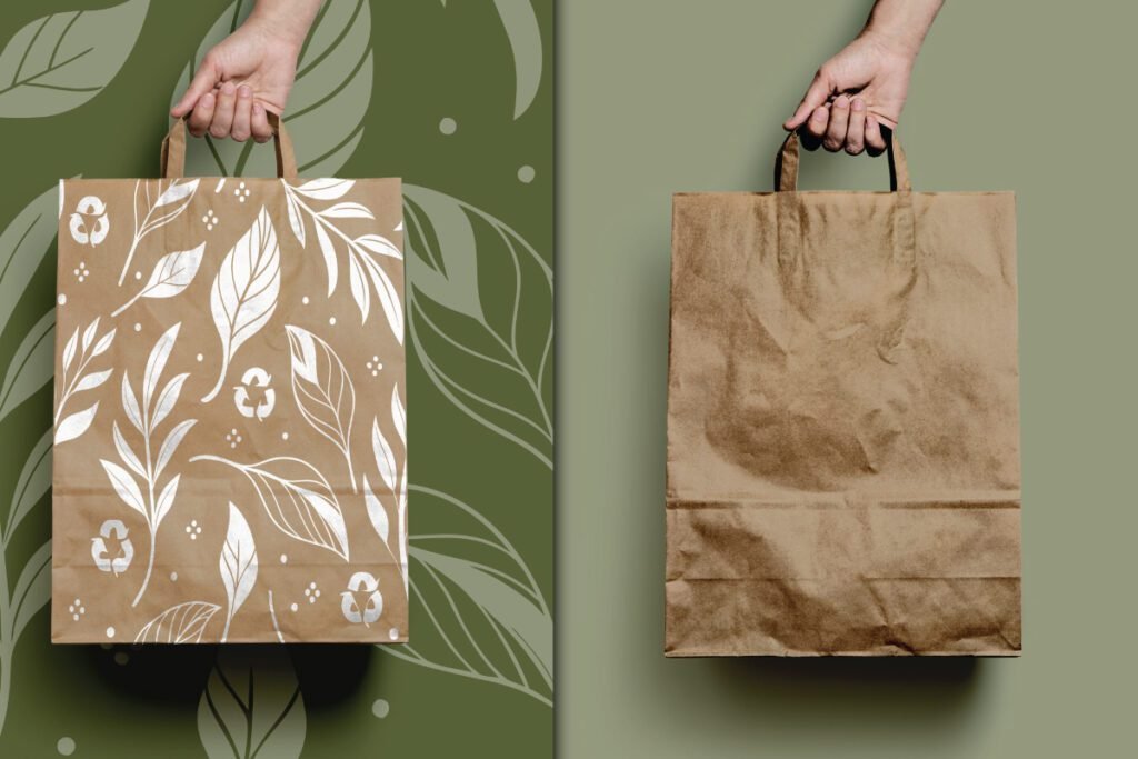 Best Zero Waste Eco Paper Bag Mockup PSD displays a hand holding a brown paper bag with a white leaf and recycle symbol pattern against a green leafy background. Another hand holds a plain brown paper bag against a solid green background.