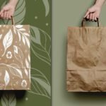 Best Zero Waste Eco Paper Bag Mockup PSD displays a hand holding a brown paper bag with a white leaf and recycle symbol pattern against a green leafy background. Another hand holds a plain brown paper bag against a solid green background.