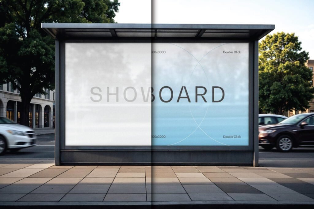 A large outdoor bus stop billboard mockup displays "SHOWBOARD" text with a split design, half white and half light blue, and shows passing cars and trees in the background.